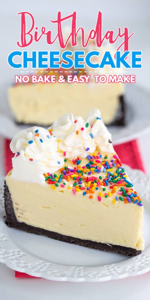 enlarged image of a slice of no bake cheesecake with recipe name in text at the top for pinterest