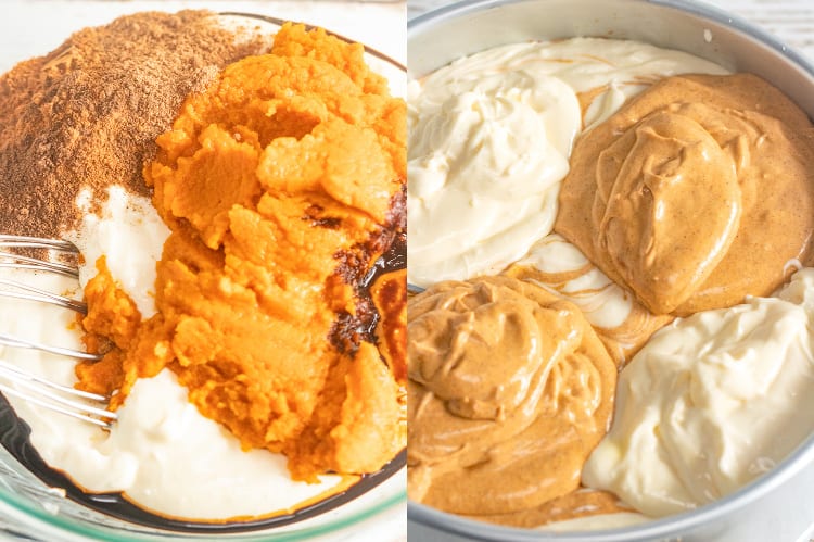 collage of two photos with pumpkin ingredients in a glass bowl and cheesecake batter adding to a springform pan