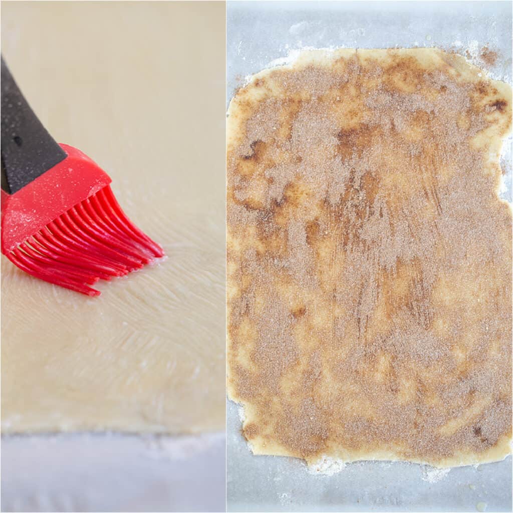 collage of photos brushing butter on crust and cinnamon sugar covered crust