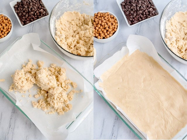 collage of photos adding shortbread to a baking dish