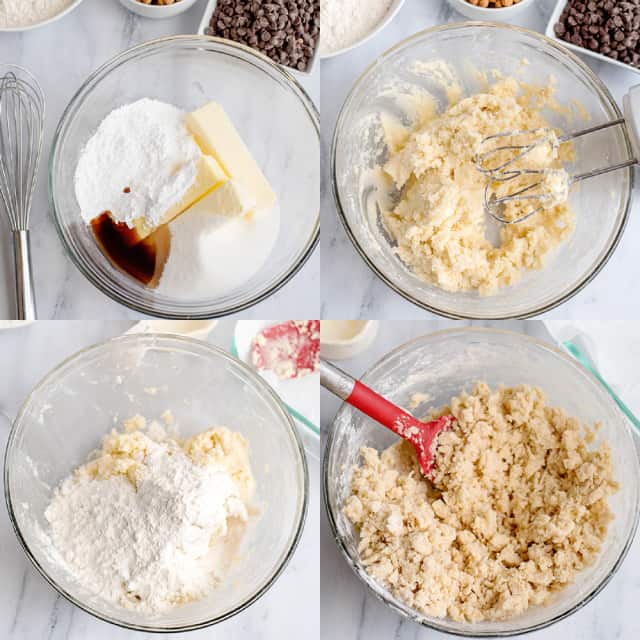 collage of photos adding ingredients and mixing them to make shortbread cookie dough