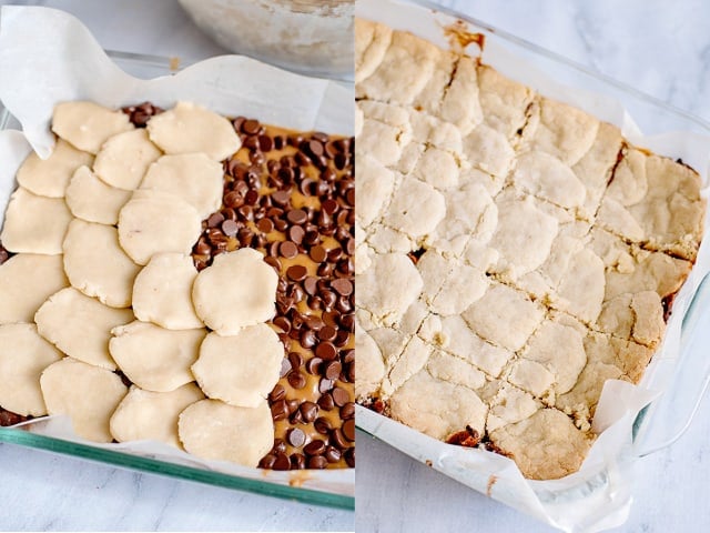 collage of photos showing adding shortbread to the bars and after the shortbread is baked
