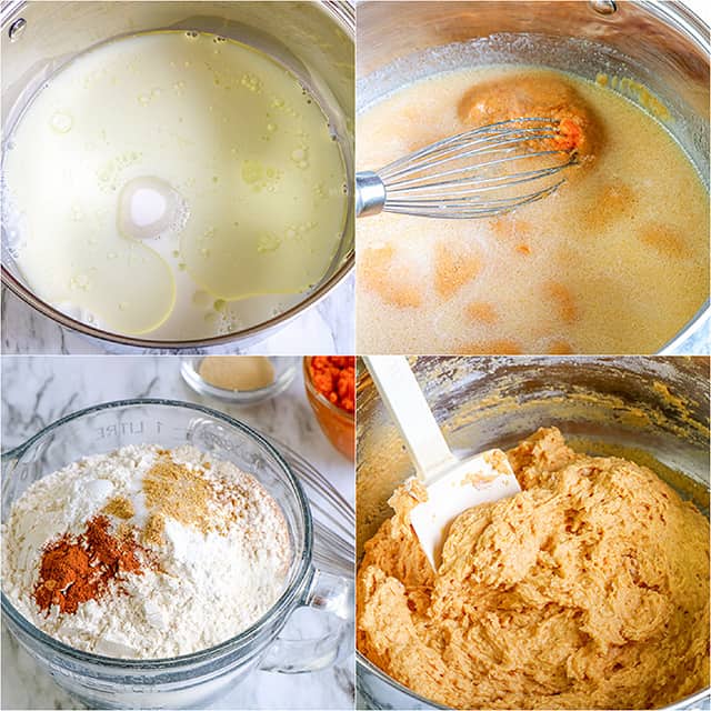 collage of photos adding ingredients to a bowl to make cinnamon roll dough