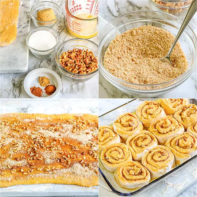 collage of photos showing how to make and add the cinnamon sugar filling to the cinnamon rolls