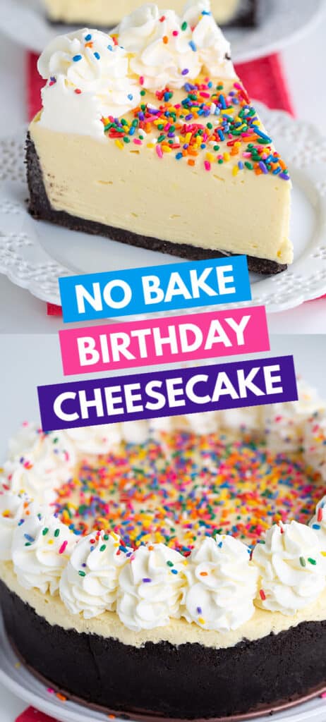 collage of images of no bake cheesecake with the recipe name in boxes in the center