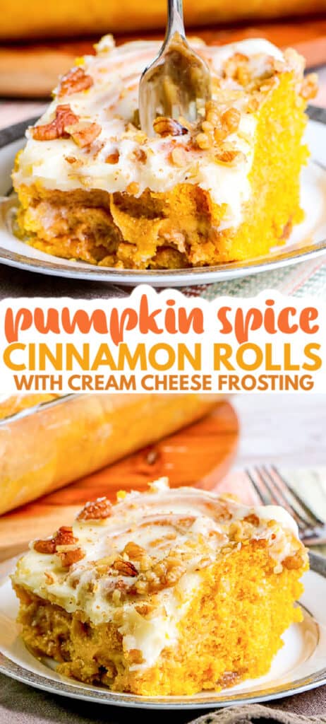 collage of pumpkin cinnamon rolls on a plate with text in the middle
