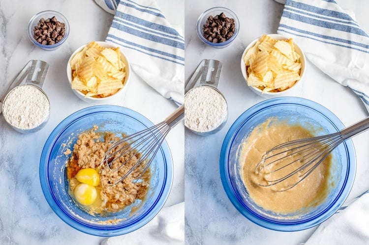 collage adding the vanilla and eggs to the mixing bowl and then whisking them together