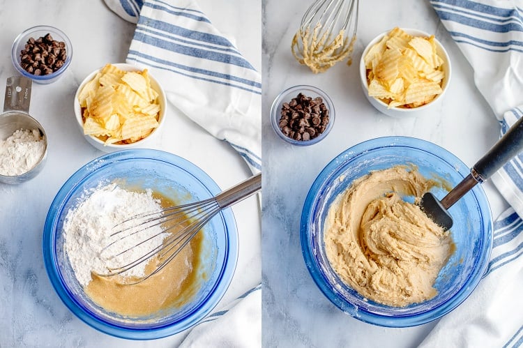 a bowl with flour added and stirred together to make cookie dough