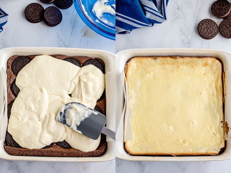 collage of adding cheesecake batter to the brownies and the baked cheesecake