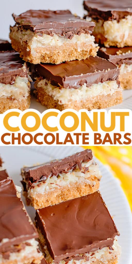 pinterest collage of a stack of coconut bars and a bar propped against another so the side of the bar is facing up with text in the middle of collage