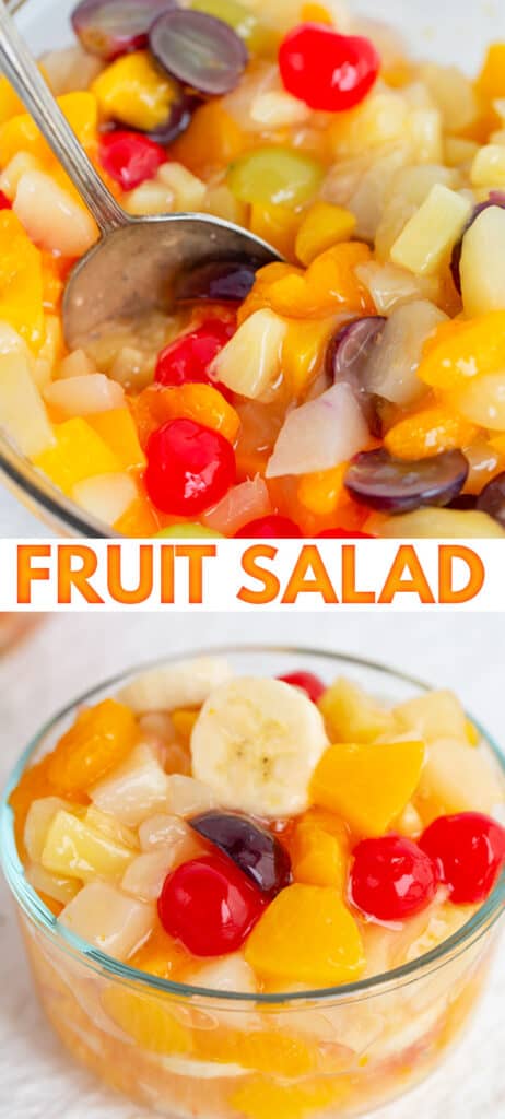 collage showing the bowl of fruit salad with a serving spoon in it and a second image with a small bowl of salad and recipe name in the middle