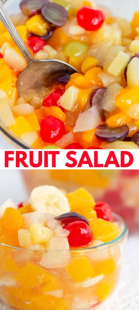 collage showing the bowl of fruit salad with a serving spoon in it and a second image with a small bowl of salad and recipe name in the middle