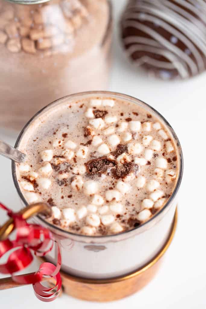 mug of hot chocolate on a white surface