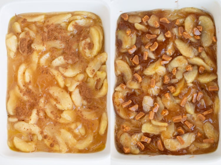 collage of the baking pan filling with apples and cinnamon and the other photo with caramel pieces added on top