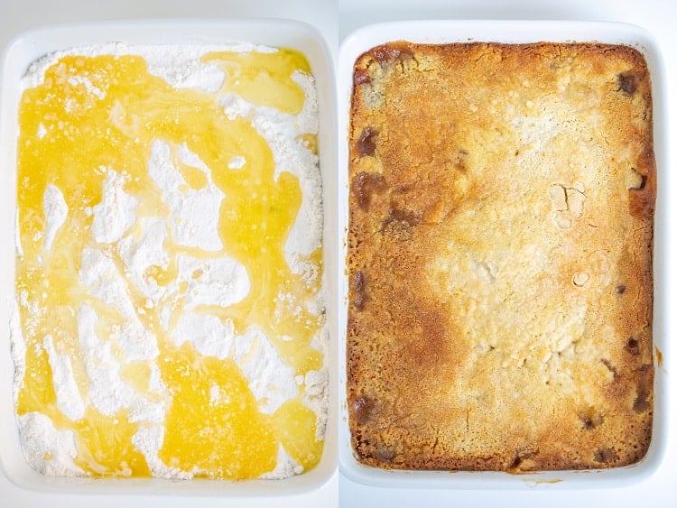 collage of two photos showing the butter and cake mix in the baking dish and the crust after it's baked