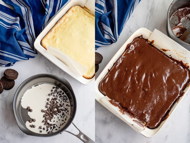 collage of a photo with chocolate chips and heavy cream in a saucepan and the next photo with the ganache on top of the cheesecake bars