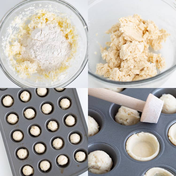 collage of step by step photos of making the pecan tassie crust