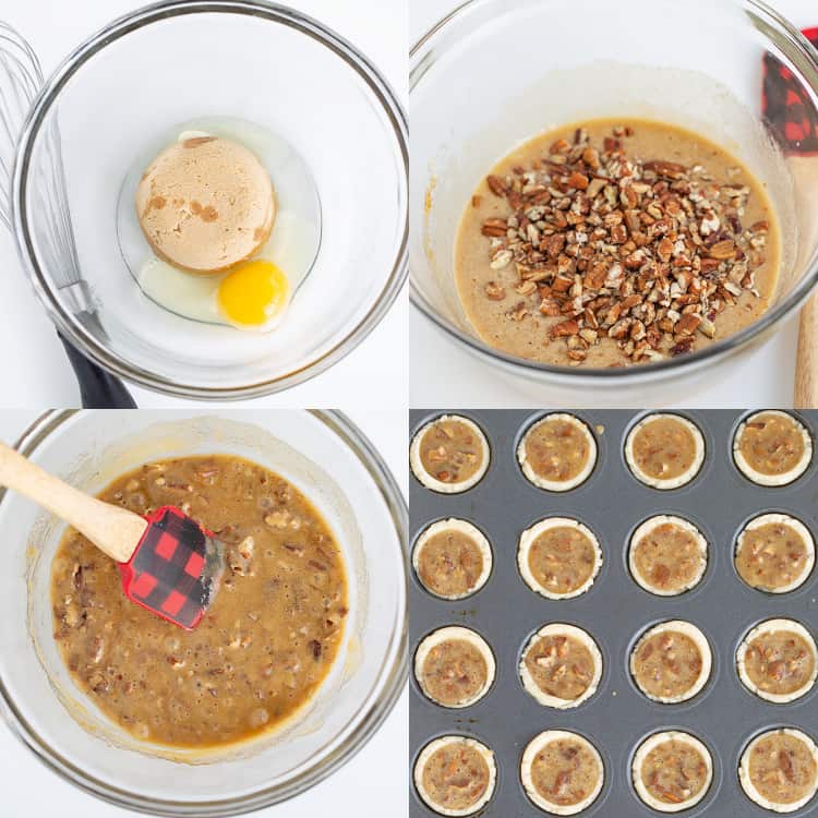 collage of step by step photos making the pecan tassie filling