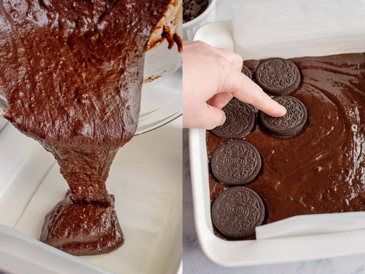 collage of photos pouring the brownie batter and pressing oreo cookies into the brownie batter