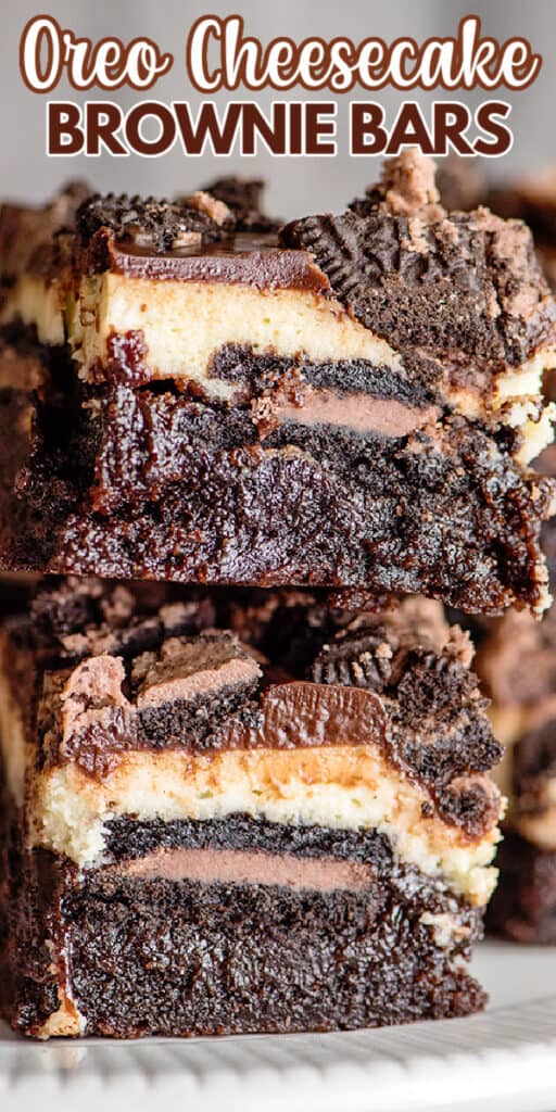 zoomed in image of a stack of brownie bars with text at the top of the image