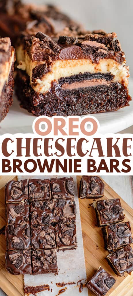 collage of brownie bar photos showing the top of the bars and the side of the bars with text in the middle
