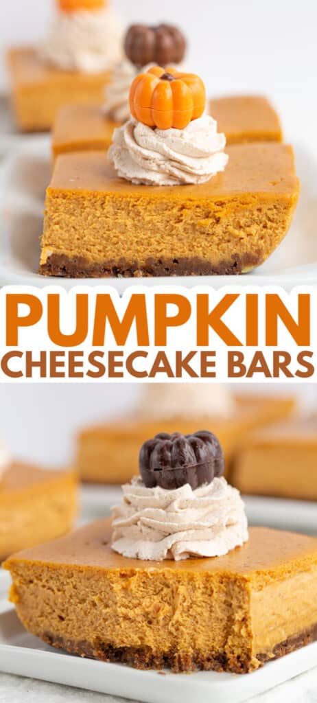 collage of two photos of a slice of pumpkin cheesecake bars one with a bite taken out of it with text in the middle