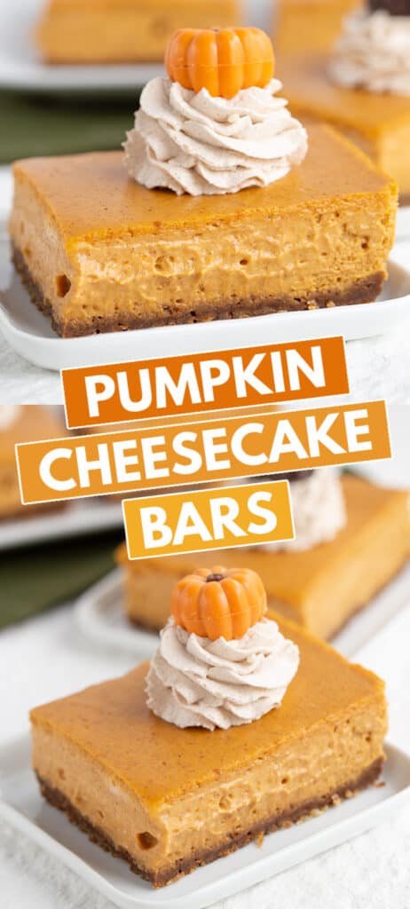 collage of two photos of a slice of pumpkin cheesecake bars with blocks of text in the middle