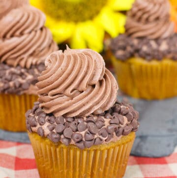 cupcakes on a red checkered fabric with a yellow flower behind it