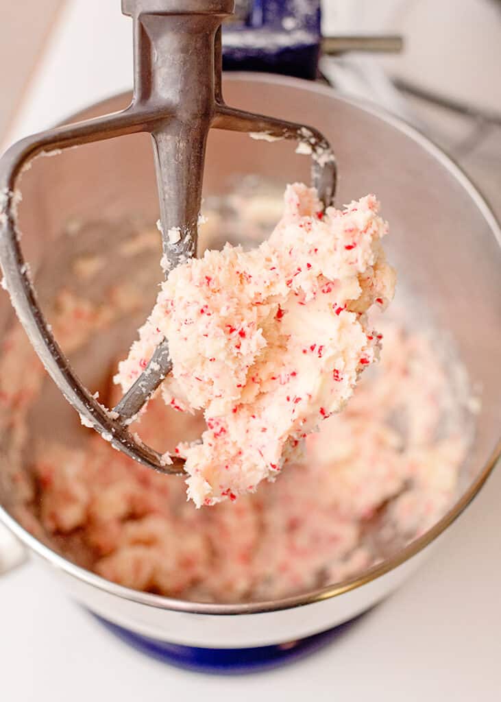 stand mixer with cookie dough on the paddle