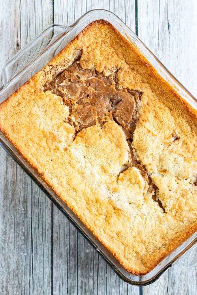 baked pumpkin cobbler in a glass baking dish