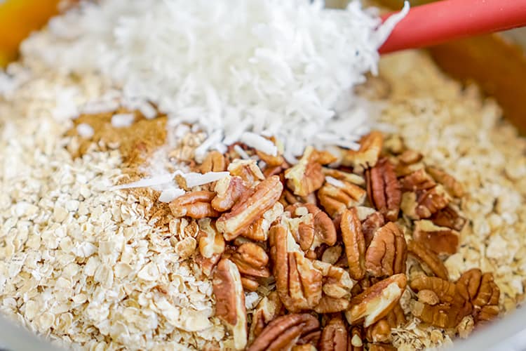 oats, pecans, coconut in a saucepan