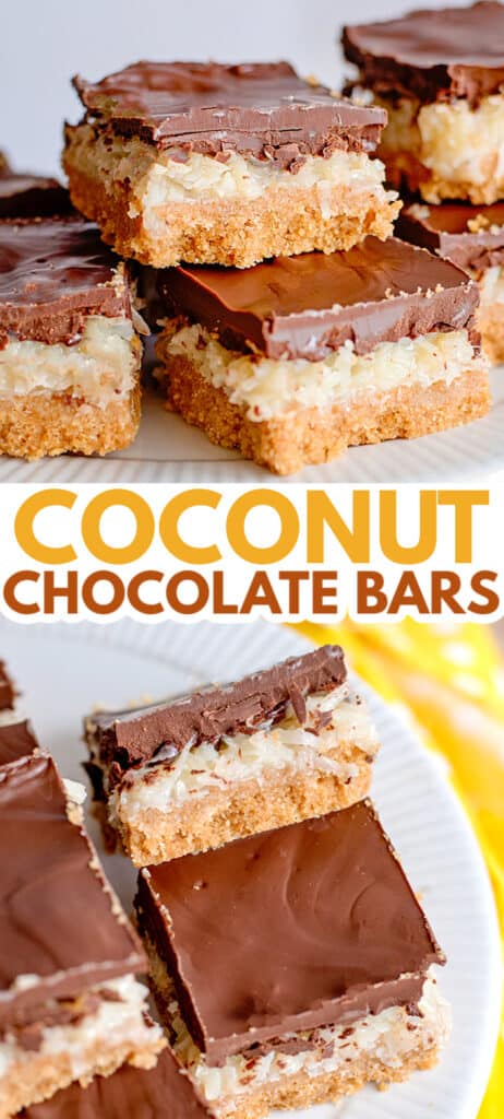 pinterest collage of a stack of coconut bars and a bar propped against another so the side of the bar is facing up with text in the middle of collage