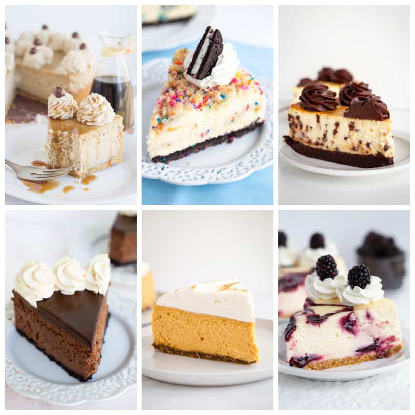 collage of cheesecakes on white plates