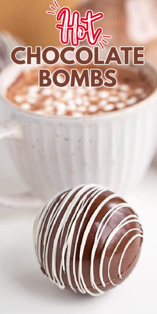 zoomed in photo of hot chocolate bomb with recipe name in text at the top