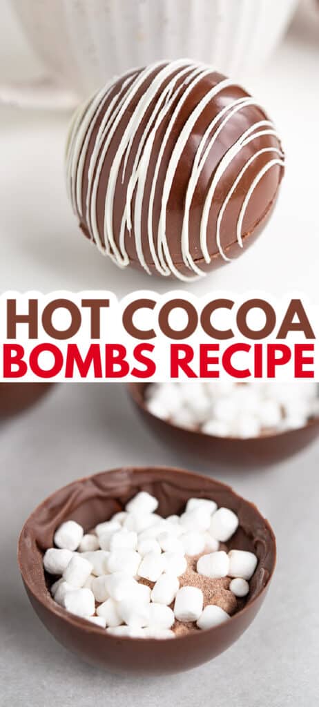 collage of photos with the hot cocoa bomb and the photo showing the inside of the bomb with text in the middle