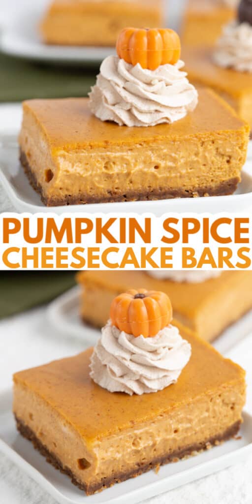 collage of two photos of a slice of pumpkin cheesecake bars with text in the middle