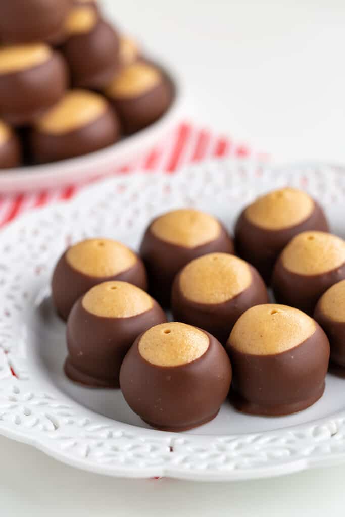 lace plate full of buckeye candies