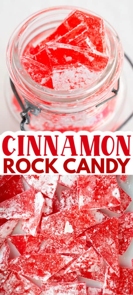 collage of two photos showing rock candy one spread out in a white pan and the top in a mason jar with text in the middle