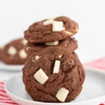 stack of cookies with another cookie leaned on the stack on a white plate with a candy cane striped linen