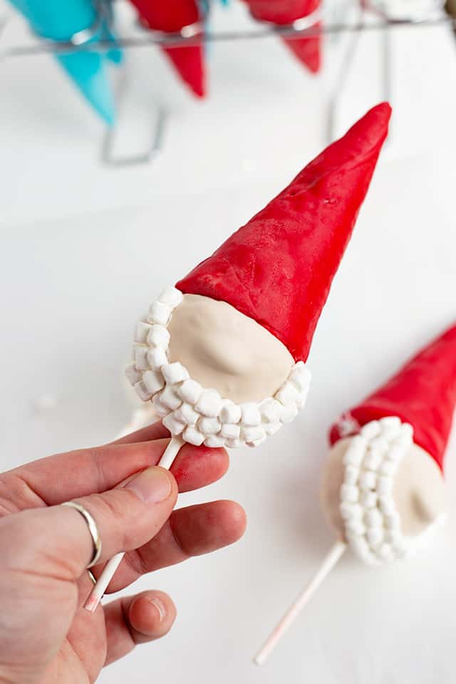 holding a gnome cake pop that has a red hat