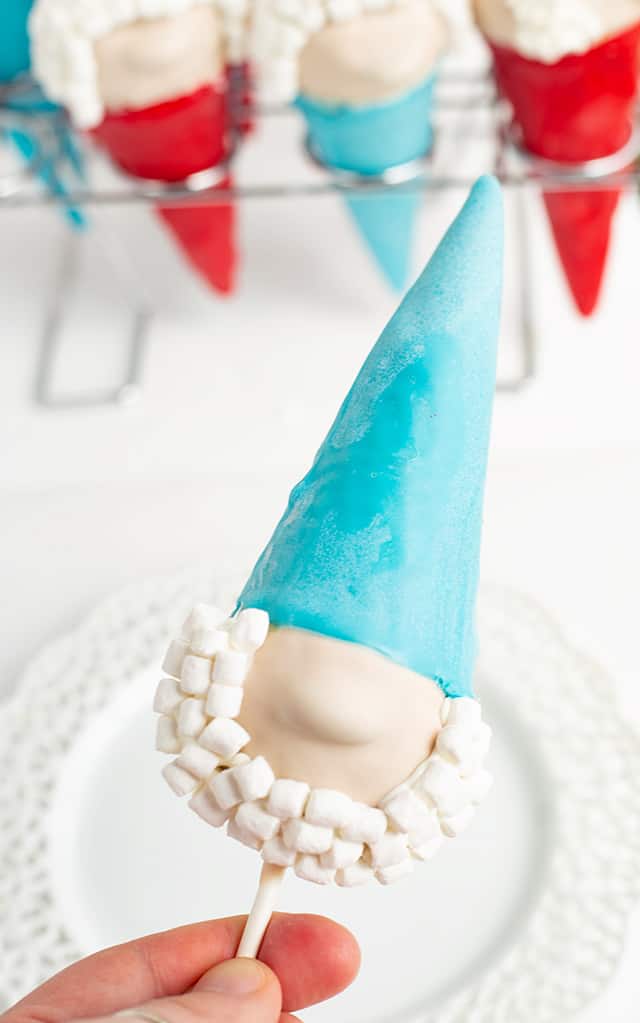 a close up holding a gnome with a blue hat