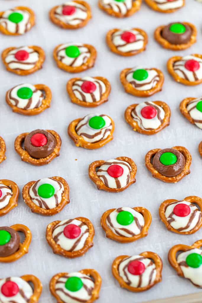 pretzel hugs on a parchment lined baking sheet