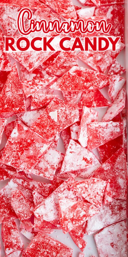 zoomed in photo of rock candy spread out in a tray with recipe name in text at the top
