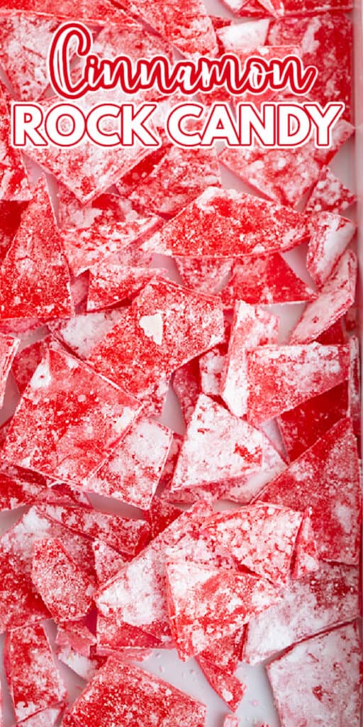 zoomed in photo of rock candy spread out in a tray with recipe name in text at the top