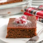 square image of an zoomed in photo of gingerbread cake on a white plate