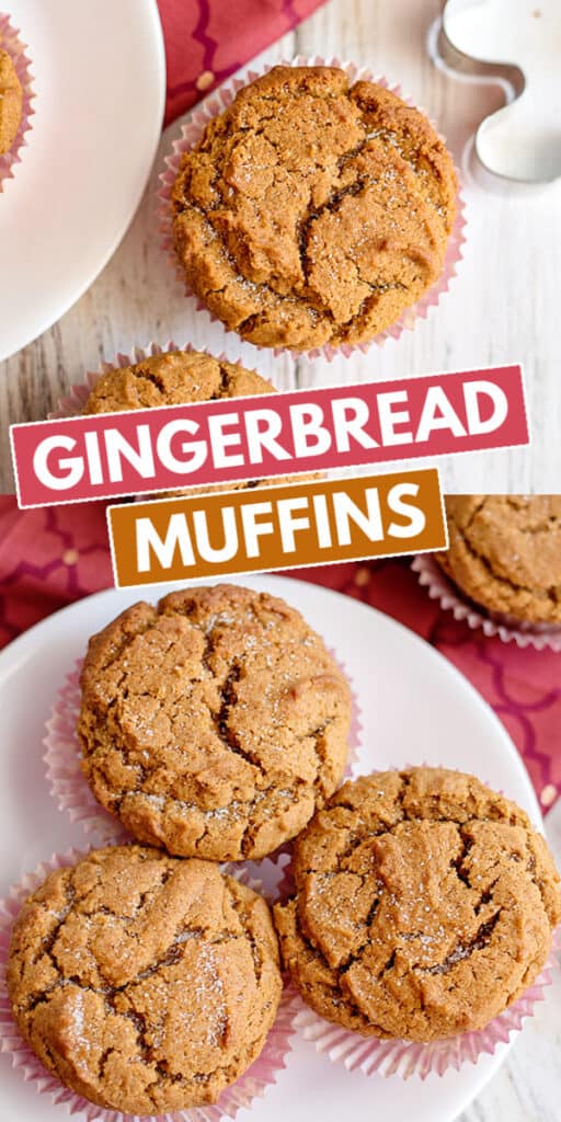 collage of two photos showing the gingerbread muffins with block text in the middle