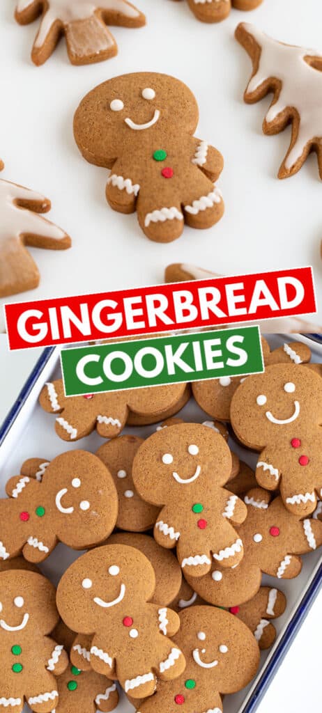 collage of photos of gingerbread cookies on a white surface with the recipe name in blocks in the middle