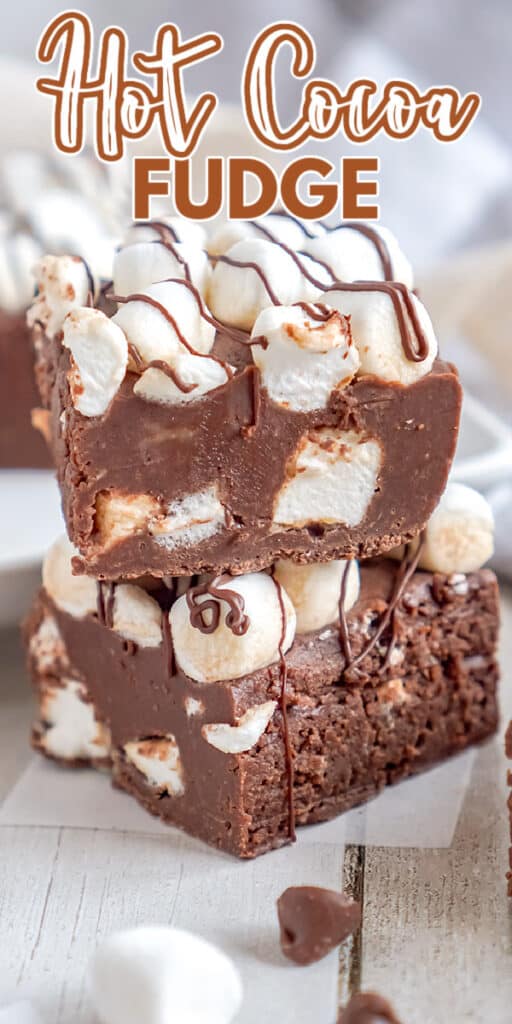 zoomed in photo of a stack of fudge with the recipe name in text at the top