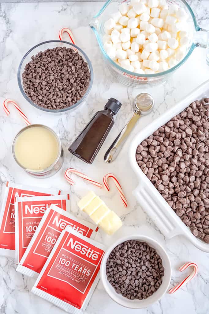 overhead photo of the ingredients laid out to make hot chocolate fudge