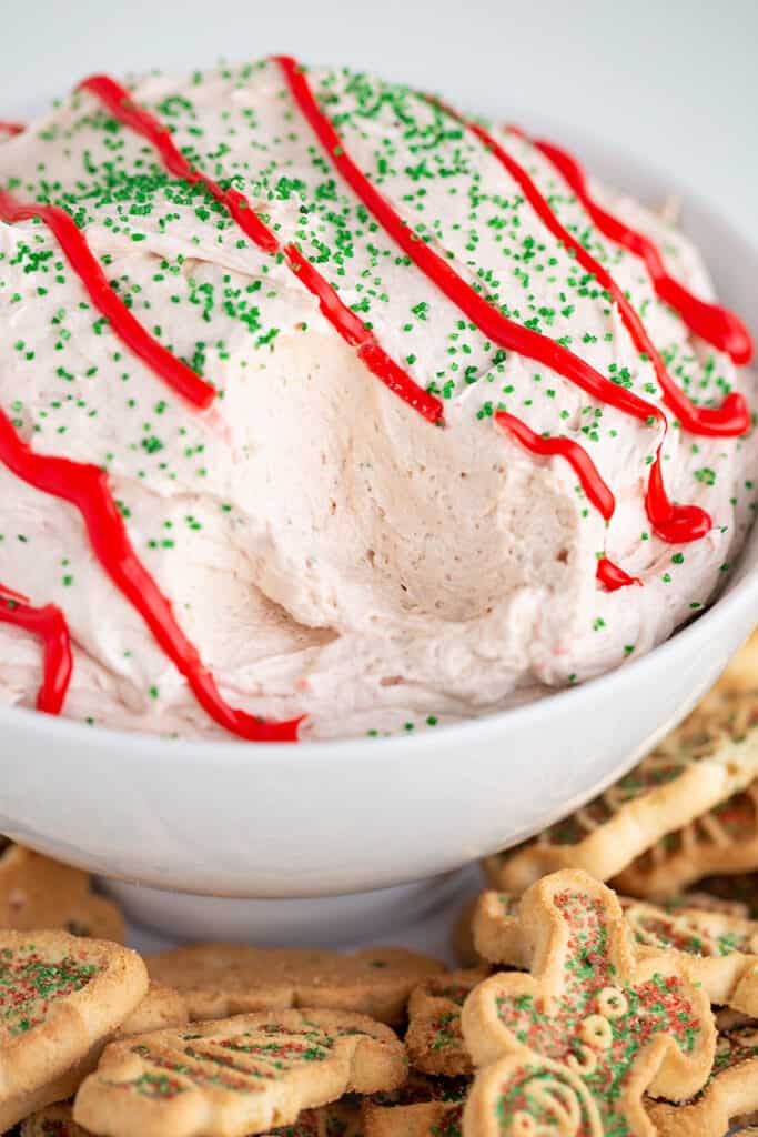 bowl of dip with a couple of bites taken out of it and cookies around the bowl of dip